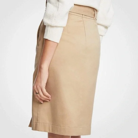 Ann Taylor Tan Khaki Cotton Sateen Pencil Skirt Button Detail & Belt Size 12 - Picture 4 of 13